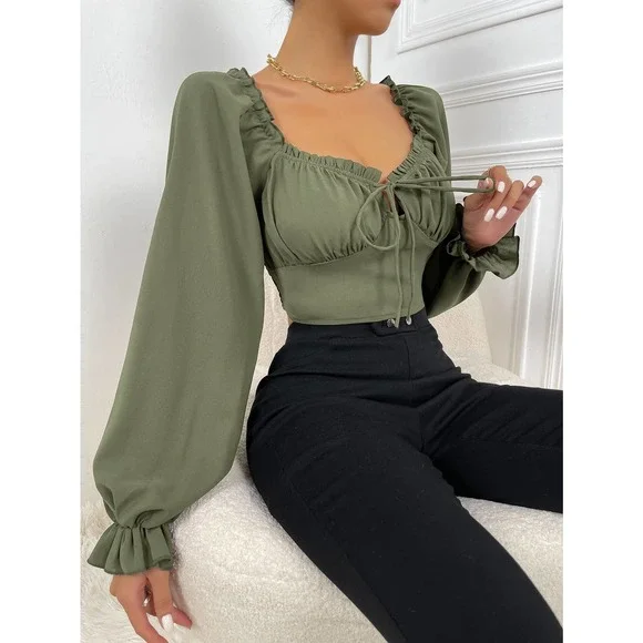 Frill Trim Bell long Sleeve Ruched Bust Milkmaid crop top boho brown - Picture 9 of 11